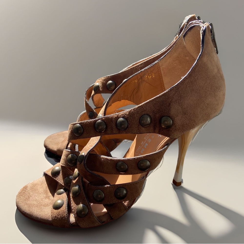 Latitude Femme Suede Open Toe Strappy Studded Stiletto Heels - Size 6